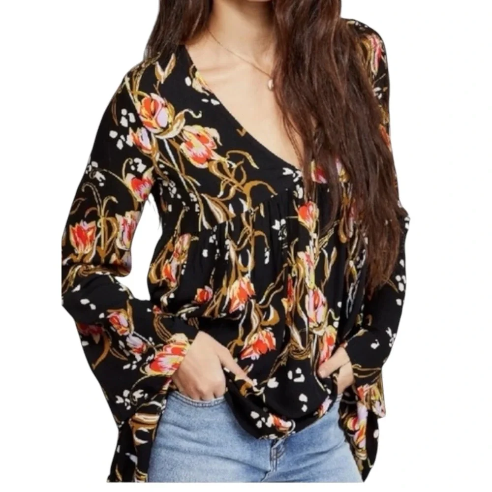 Free People‎ Bella Floral Babydoll Tunic Top Mini Dress Black V-Neck Size Medium